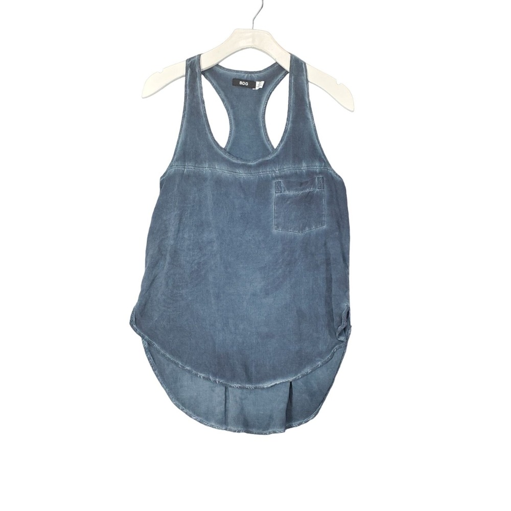 BDG Women Grunge Boho Racerback Tank Top S Blue Gray Acid Wash Pocket High Low